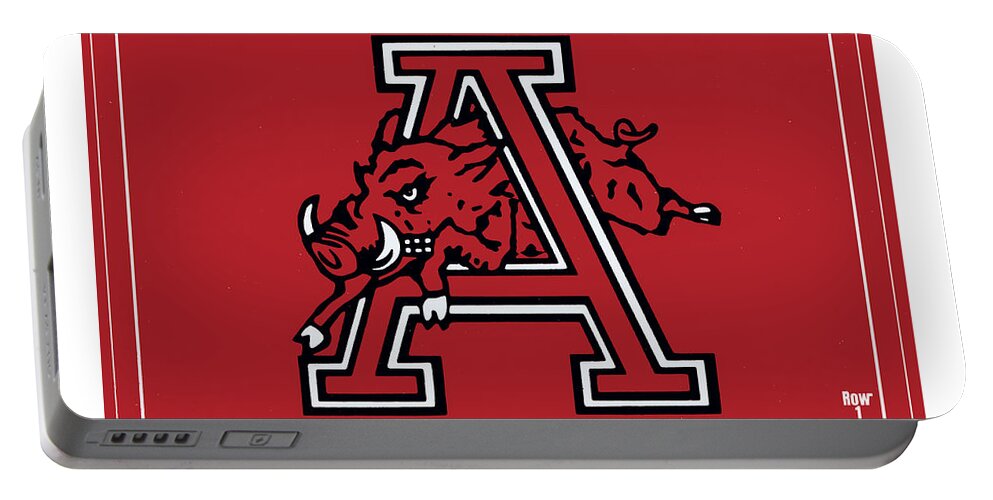 Arkansas Portable Battery Charger featuring the mixed media Eighties Arkansas Razorback Art by Row One Brand