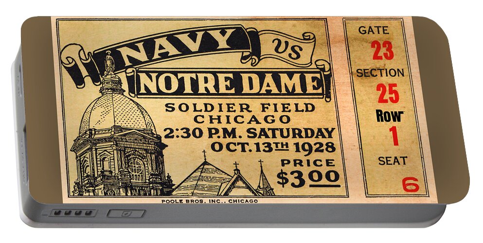 1928 Portable Battery Charger featuring the mixed media 1928 Navy vs. Notre Dame Football Ticket Art by Row One Brand