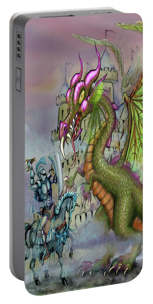 Knight Portable Battery Charger featuring the digital art Knight n Dragon n Castle by Kevin Middleton