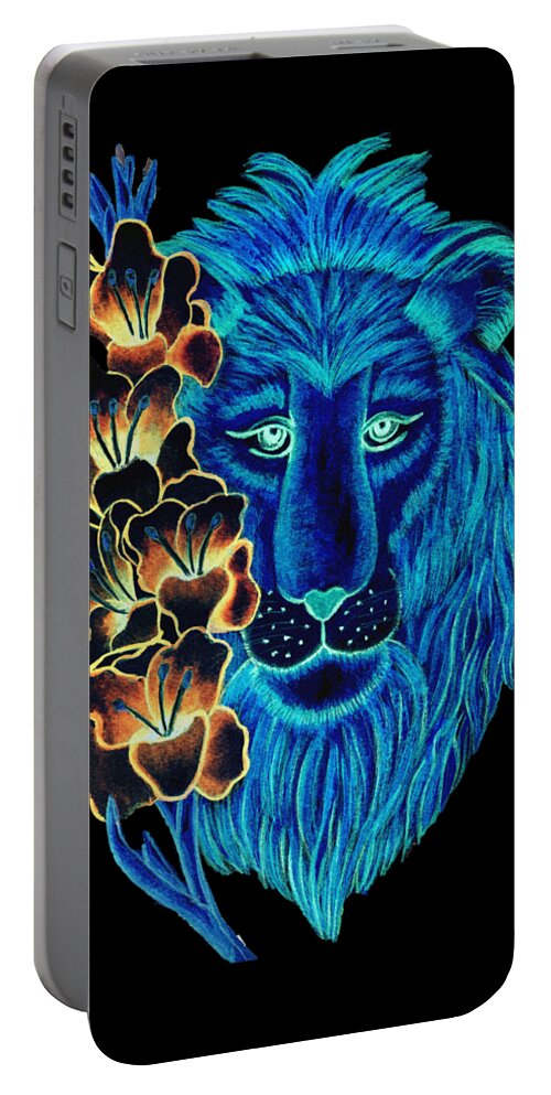 Leo Portable Battery Charger featuring the digital art Leo Gladiolus Blue and Black by Christina Wedberg