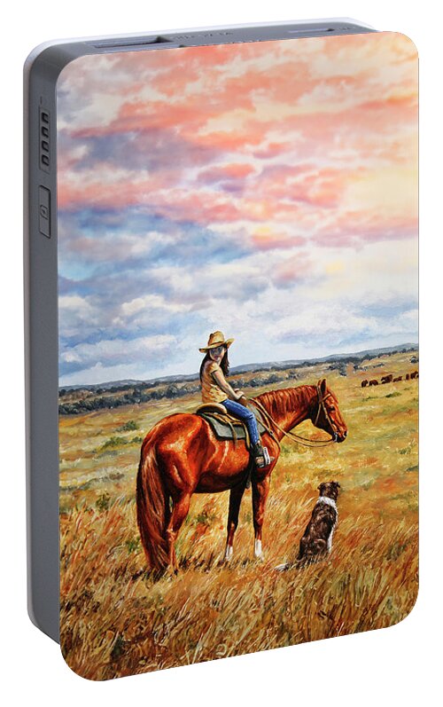 Western Portable Battery Charger featuring the painting Horse Painting - Waiting for Dad by Crista Forest
