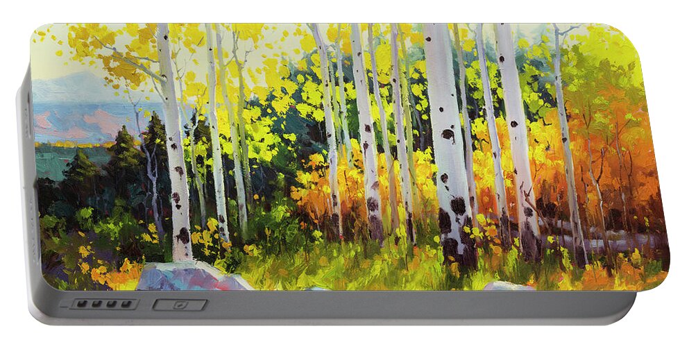 Original Oil Aspen Birch Tree Landscape Painting Large Stretched Canvas Modern Forest Light Healing Commission Art Master Artist Gary Kim Large Painting Aspen Portable Battery Charger featuring the painting Aspen Vista Sunset 2 by Gary Kim
