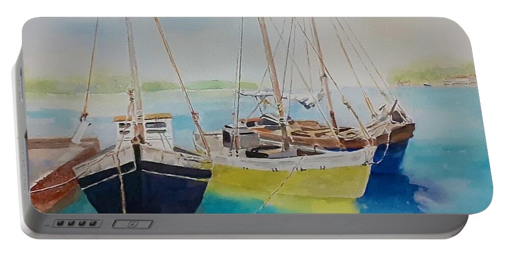Fishing Boats Portable Battery Charger featuring the painting At Anchor by Celene Terry