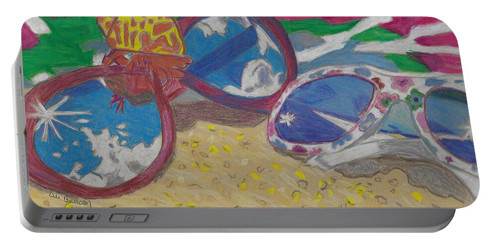 Beach Portable Battery Charger featuring the drawing At the Beach Sunglasses Lying on the Sand with a Hermit Crab and Beach Towel by Ali Baucom
