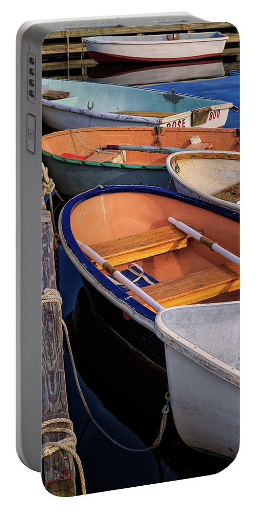 Acadia Portable Battery Charger featuring the photograph At The Dock. Row Boats In Southwest Harbor, Maine by Jeff Sinon