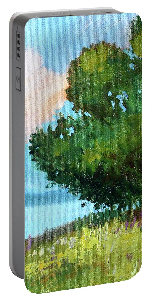 Summer Landscape Portable Battery Charger featuring the painting At the Lake by Nancy Merkle