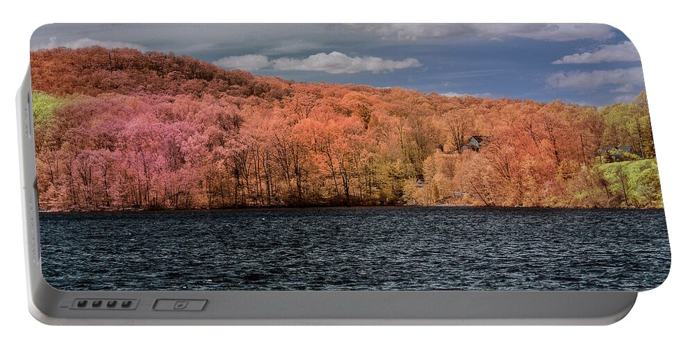 Infrared Portable Battery Charger featuring the photograph At the Monksville Dam in Infrared by Alan Goldberg