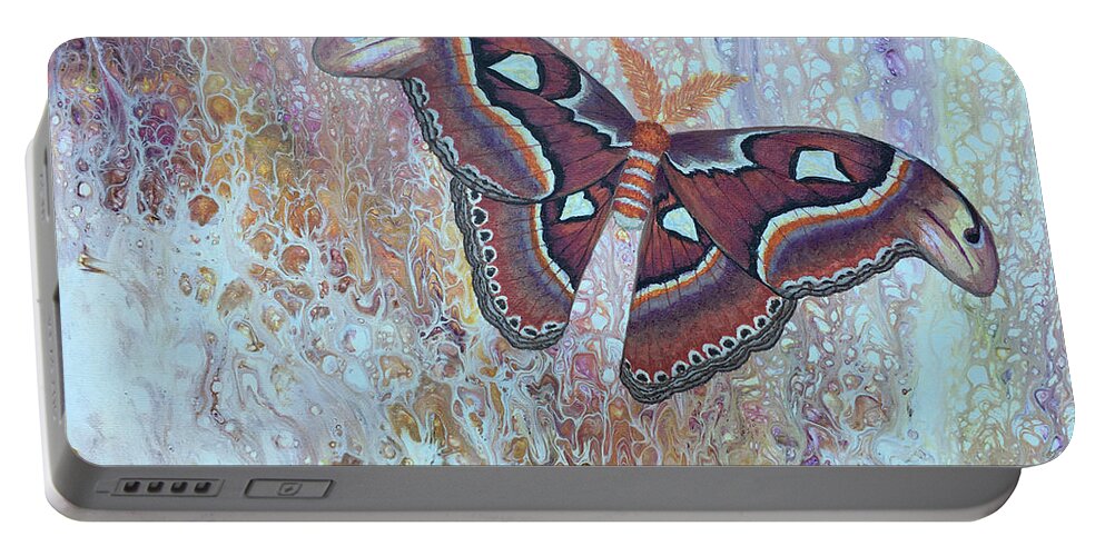 Moth Portable Battery Charger featuring the painting Atlas Silk Moth by Lucy Arnold