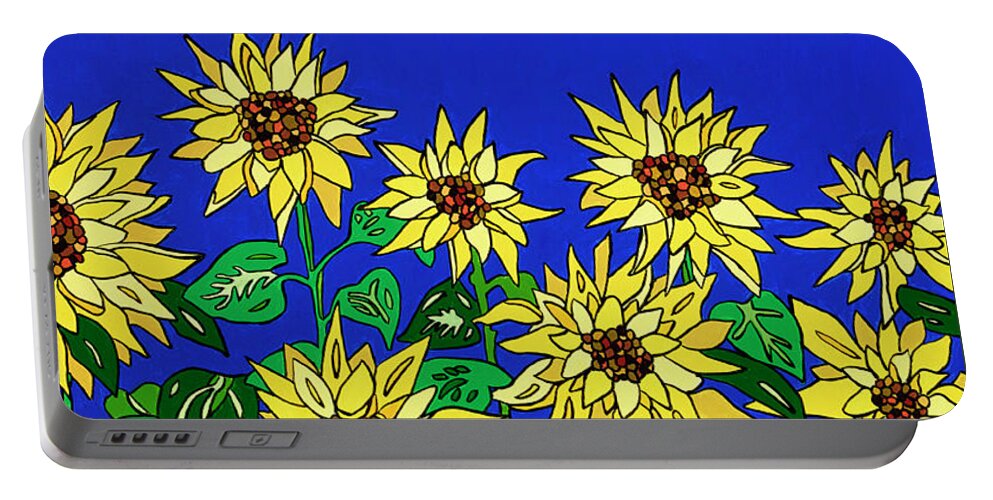 Big Yellow Peace Sunflowers Ukraine Portable Battery Charger featuring the painting August Blooms by Mike Stanko