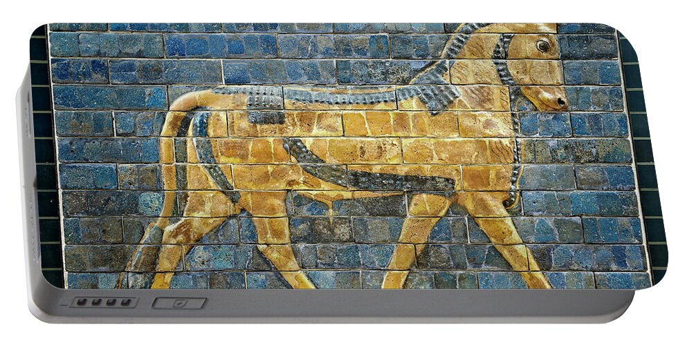 Auroch Portable Battery Charger featuring the photograph Aurochs glazed panel from the Ishtar Gate - Babylon 575 BC - Istanbul Archseological Museum by Paul E Williams