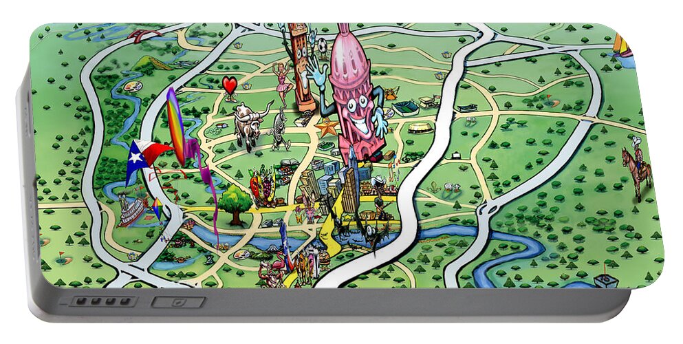 Austin Portable Battery Charger featuring the painting Austin Texas Fun Map by Kevin Middleton