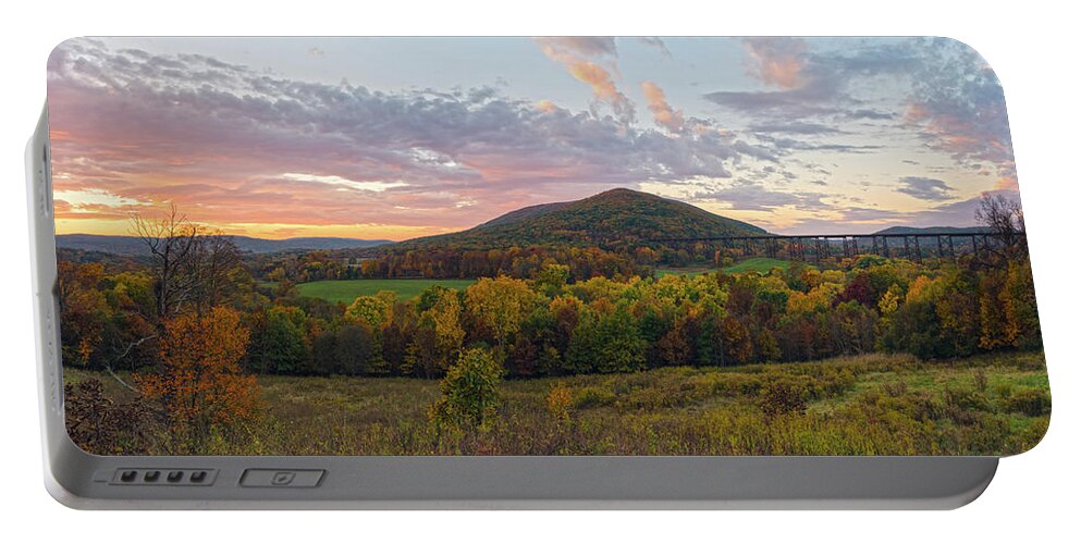 New York Landscape Portable Battery Charger featuring the photograph Autumn Dawn At Moodna Viaduct Trestle Panorama by Angelo Marcialis