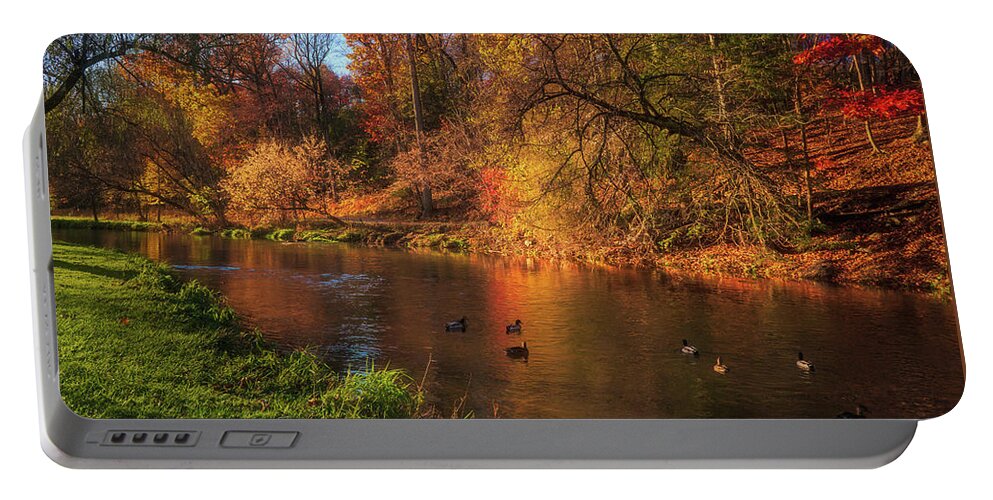Lehigh Parkway Portable Battery Charger featuring the photograph Autumn Ducks on the Little Lehigh Creek by Jason Fink