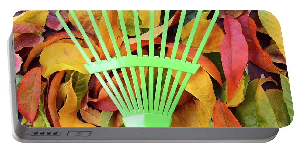 Autumn Portable Battery Charger featuring the photograph Autumn Fall Background with Green Rake. by Milleflore Images