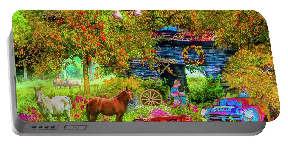 Barns Portable Battery Charger featuring the digital art Autumn Garden on the Farm by Debra and Dave Vanderlaan