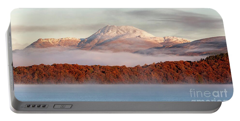 Ben Lomond Portable Battery Charger featuring the photograph Autumn mist shrouded between Mountain and Loch by Maria Gaellman
