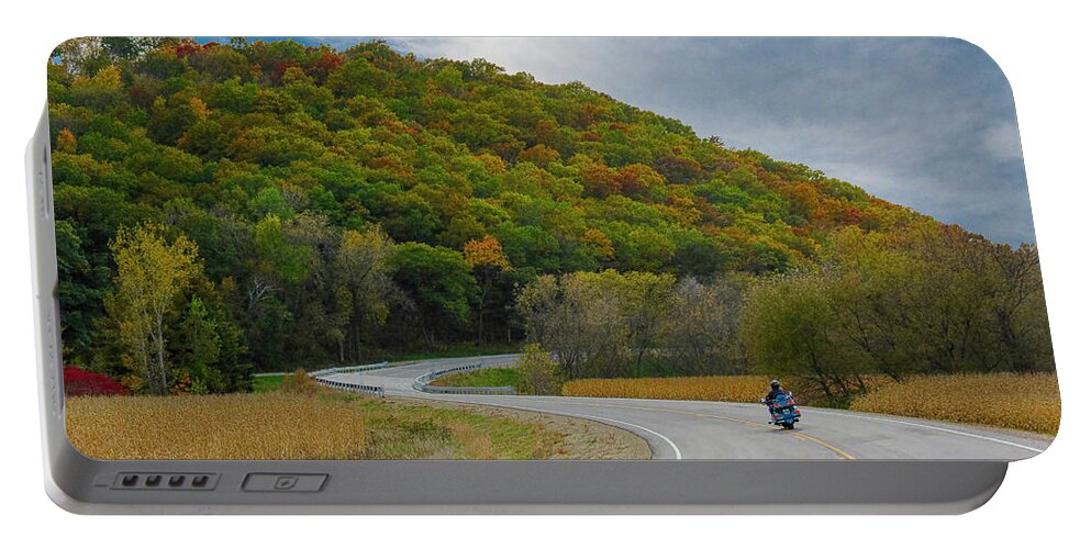 Autumn Portable Battery Charger featuring the photograph Autumn Motorcycle Rider / Blue by Patti Deters