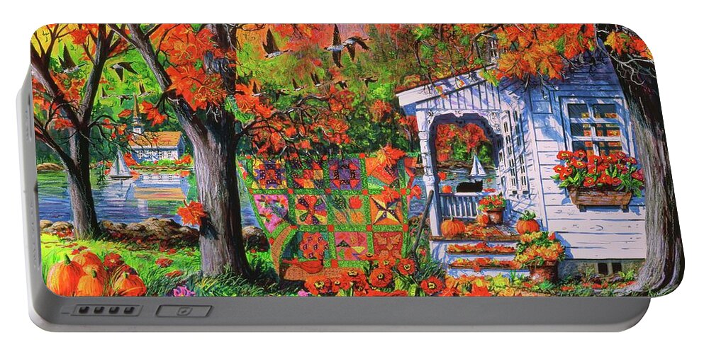 Autumn Landscape With Autumn Patchwork Quilt Portable Battery Charger featuring the painting Autumn Patchwork Quilt by Diane Phalen