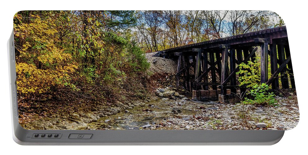 Branson Mo Portable Battery Charger featuring the photograph Autumn Railroad Bridge by Jennifer White
