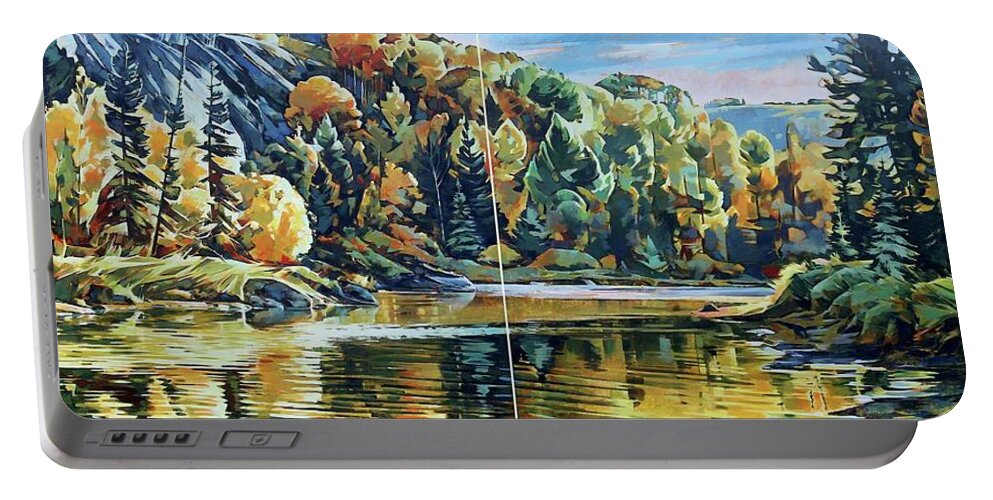 Autumn Portable Battery Charger featuring the painting Mural, Autumn River 10 x 4 feet by Tim Heimdal