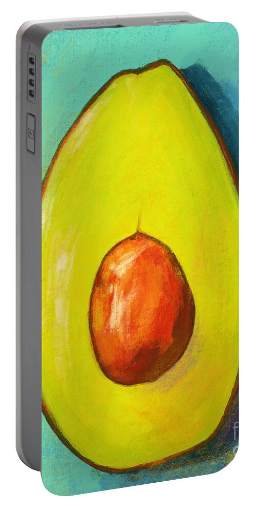 Green Avocado Portable Battery Charger featuring the painting Avocado Half with Seed Kitchen Decor in Aqua by Patricia Awapara