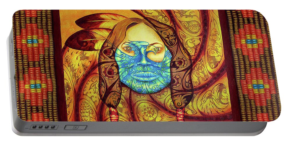 Native American Portable Battery Charger featuring the painting Awakenings by Kevin Chasing Wolf Hutchins