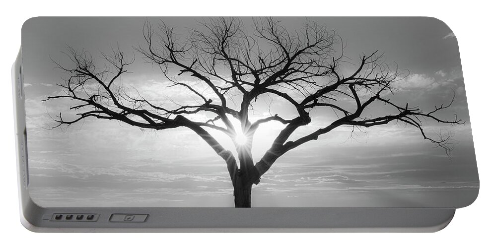 Taos Portable Battery Charger featuring the photograph B and W shot of the Taos Welcom Tree by Elijah Rael