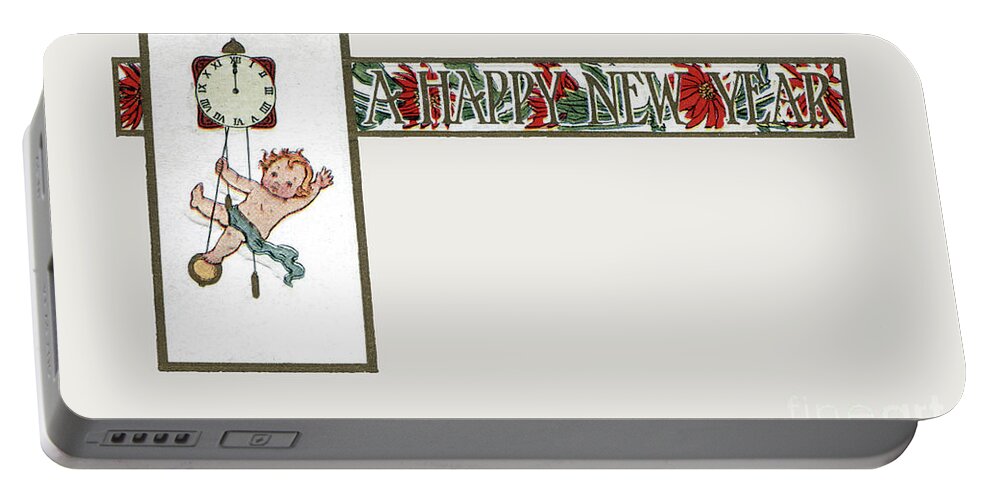 New Portable Battery Charger featuring the digital art Baby New Year hanging on clock No Text by Pete Klinger