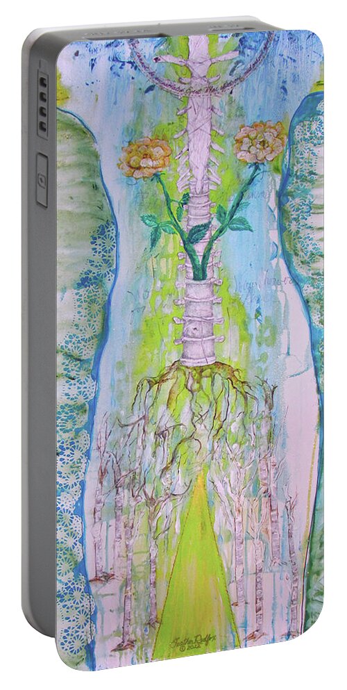 Peace Portable Battery Charger featuring the painting Back bone of Peace The Strength of Lace, Beauty of Roses, and Connectedness of Aspen by Feather Redfox