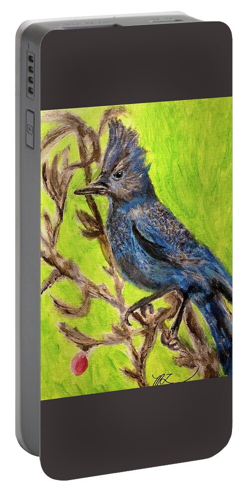 Stellar Jay Portable Battery Charger featuring the painting Backyard Friend by Melody Fowler