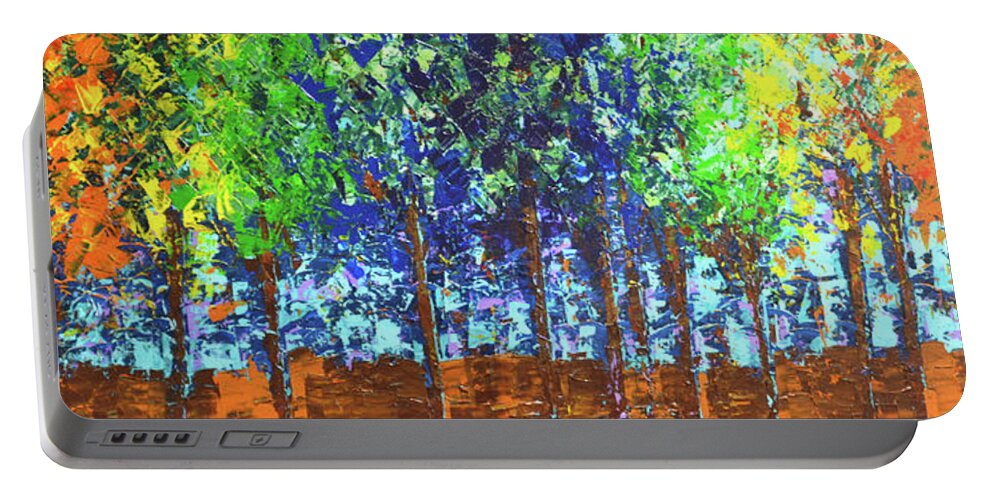  Portable Battery Charger featuring the painting Backyard Trees by Linda Bailey