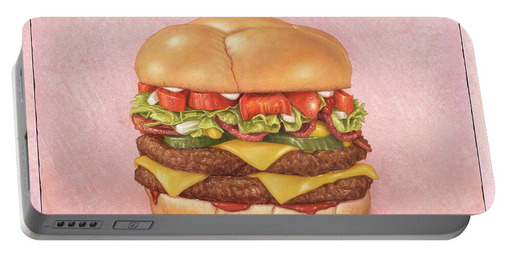 Burger Portable Battery Charger featuring the painting Bacon Double Cheeseburger by James W Johnson