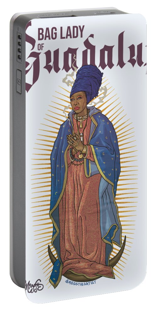 Badu Portable Battery Charger featuring the drawing Bag Lady of Guadalupe by Miggs The Artist