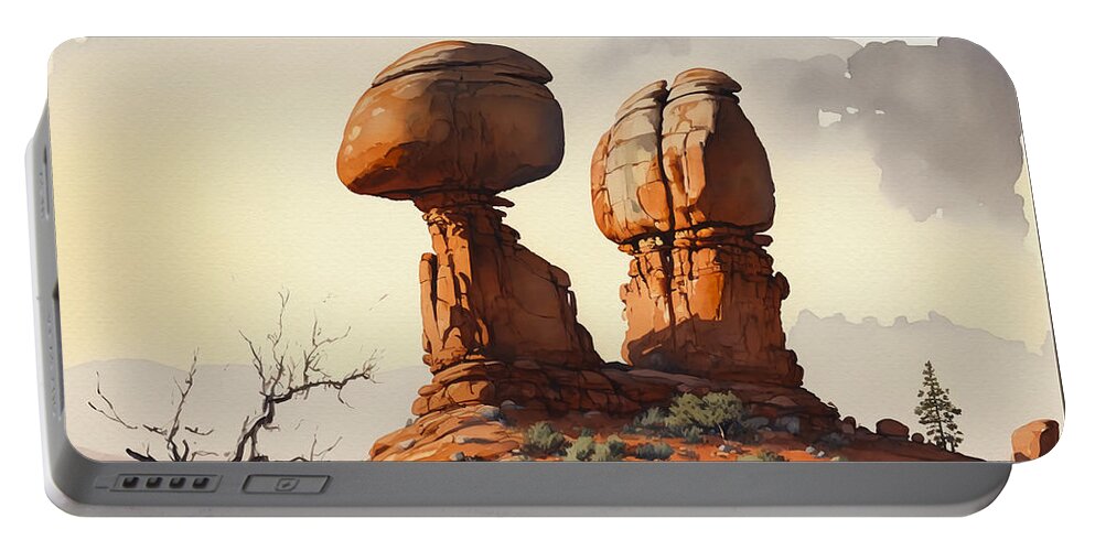 Aquarell Portable Battery Charger featuring the painting Balanced Rock's Eternal Grace in Arches National Park by Kai Saarto
