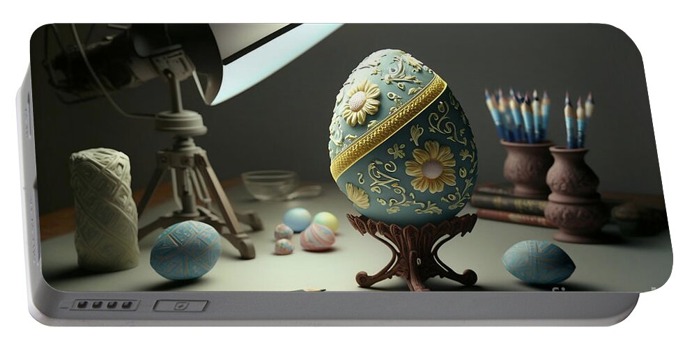 Balancing Portable Battery Charger featuring the digital art Balancing Act, Photorealistic Easter Egg Balancing with Artistic Flair by Jeff Creation