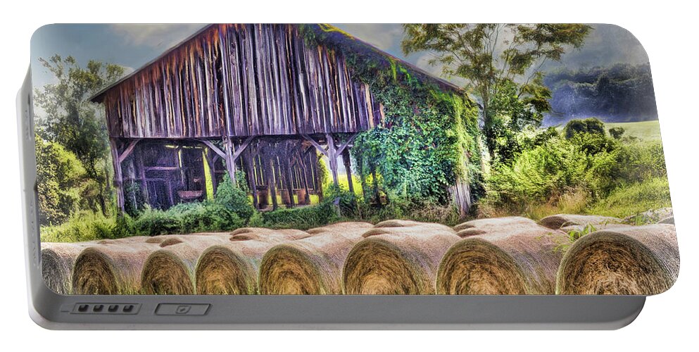 Barn Portable Battery Charger featuring the digital art Bales and barn in West Virginia by Cordia Murphy