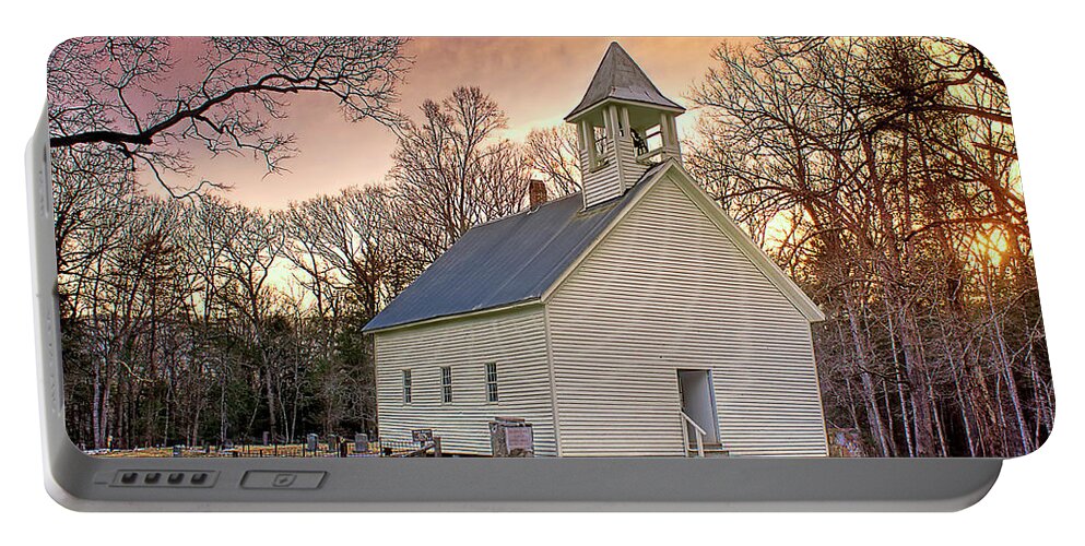 Primitive Baptist Church Portable Battery Charger featuring the photograph Baptist Church Sunset by Rhonda McClure