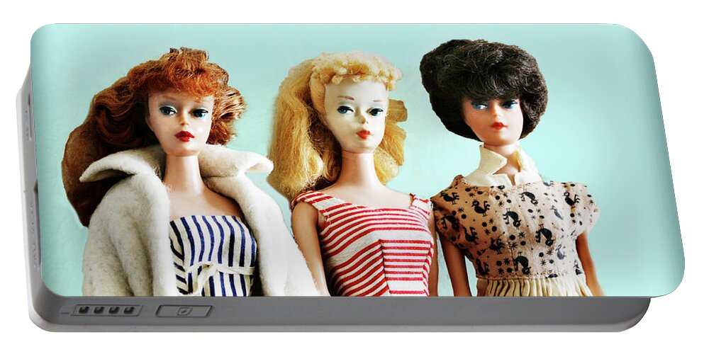 Vintage Portable Battery Charger featuring the photograph Barbies on Blue by Marilyn Hunt