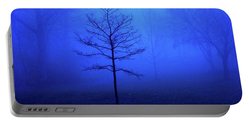 Blue Portable Battery Charger featuring the photograph Bare Tree on a Foggy Morning by David Morehead