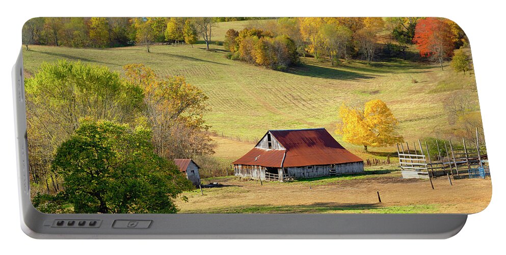 Barn Portable Battery Charger featuring the photograph Barn in the Autumn Hills by Tom Mc Nemar