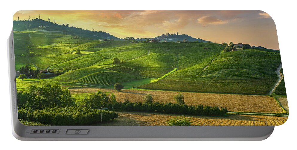 Vineyards Portable Battery Charger featuring the photograph Barolo wine vineyards and La Morra town. Langhe, Italy by Stefano Orazzini