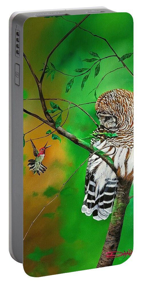 Birds Portable Battery Charger featuring the painting Barred Owl and Anna's hummingbird by Dana Newman