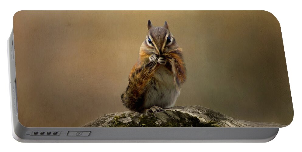 Eastern Chipmunk Portable Battery Charger featuring the mixed media Bashful Chipmunk by Kathy Kelly