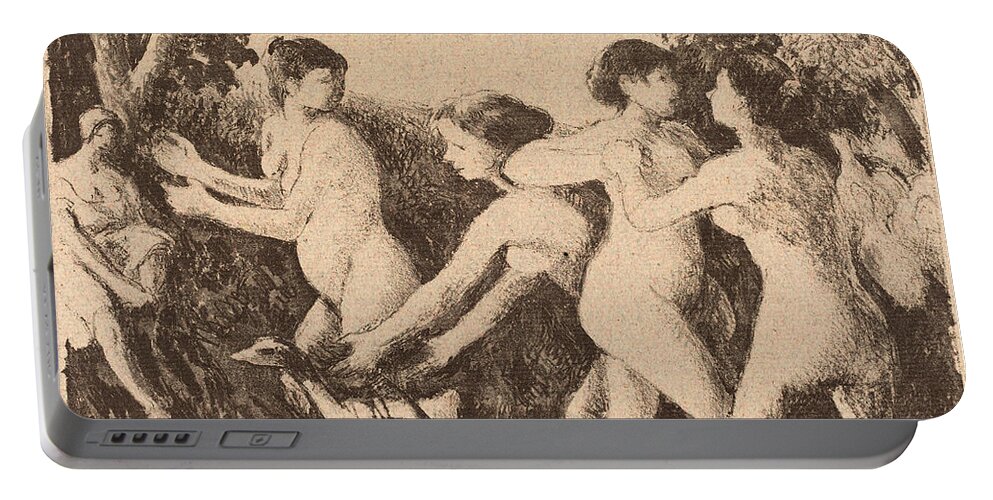 Camille Pissarro Portable Battery Charger featuring the drawing Bathers Wrestling 2 by Camille Pissarro