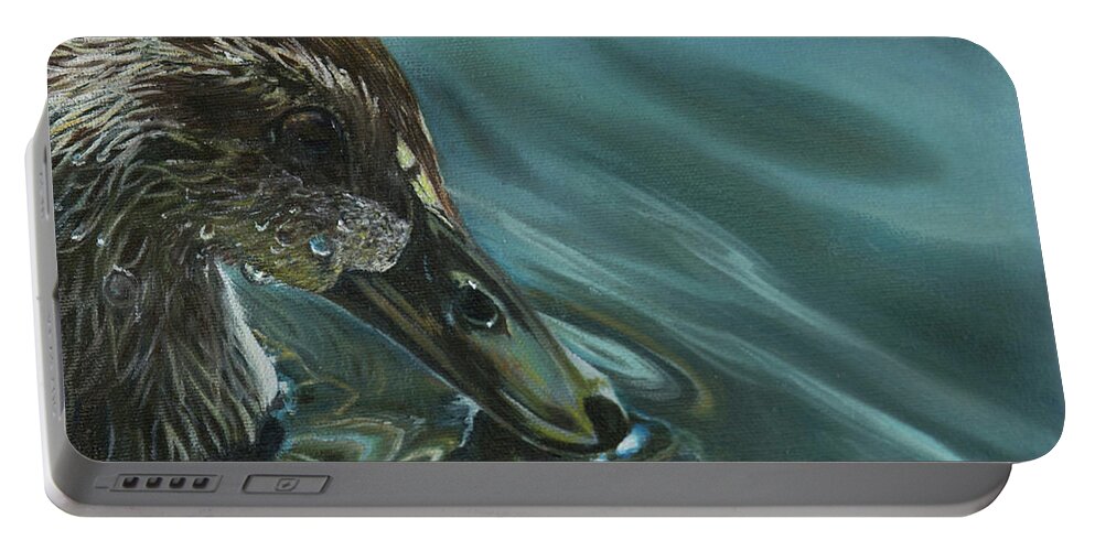 #duck #bathing #water #lake #ducks #droplets #nature #landscape #swim #blue #brown #feathers Portable Battery Charger featuring the painting Bathing Duckline by Stella Marin