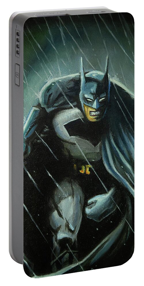 Batman Portable Battery Charger featuring the painting Batman in the Rain by Brett Hardin