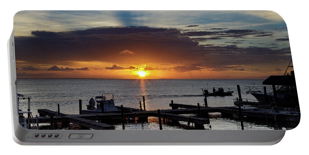 Pier Portable Battery Charger featuring the photograph Bay, Boats and Sunset by Steve Templeton
