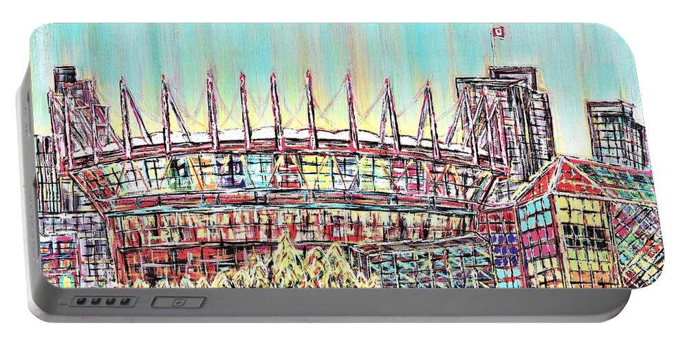 Vancouver Portable Battery Charger featuring the painting BC Place, Vancouver, Alive In Color by Jeremy Aiyadurai