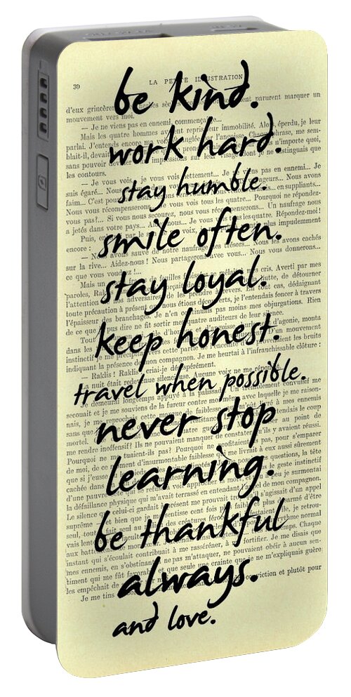 Be Kind Portable Battery Charger featuring the digital art Be kind work hard motivational quote on antique book page by Madame Memento