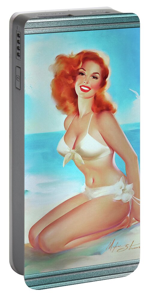 Beach Beauty Portable Battery Charger featuring the painting Beach Beauty by Edward Runci Pin-Up Girl Vintage Artwork by Rolando Burbon
